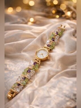 JAPANESE Quartz Movement Watch Gold Tone & Amethyst Citrine Quartz Peridot 7in